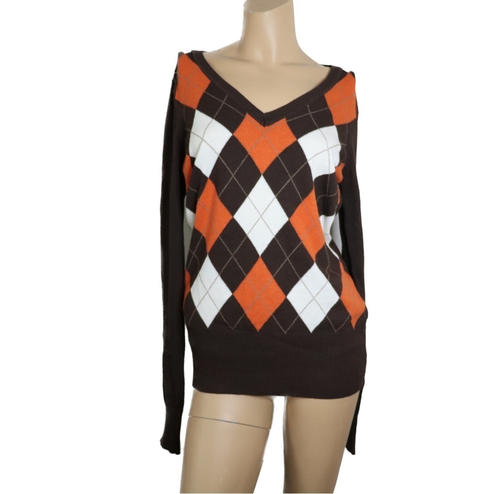 Vintage Y2K Twik Simons Argyle Sweater V Neck Brown White Orange Pullover Large